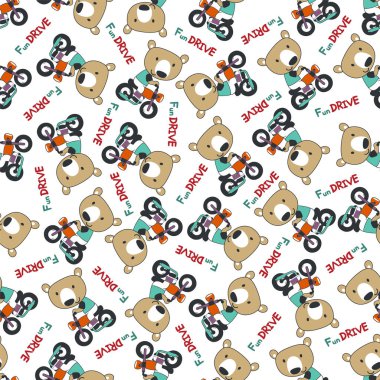 Seamless pattern texture with Cute little bear Riding motorcycle, Cartoon Vector Icon Illustration. For fabric textile, nursery, baby clothes, background, textile, wrapping paper and other decoration.