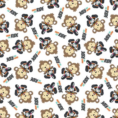 Şirin, küçük bir maymunla kusursuz desenli motosiklet sürüşü, Çizgi film Vektör Simgesi İllüstrasyonu. Kumaş tekstil, kreş, bebek kıyafetleri, arka plan, tekstil, ambalaj kağıdı ve diğer dekorasyonlar için.