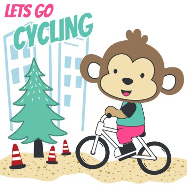 Cute monkey riding a bicycle. Trendy children graphic. Vector illustration. T-Shirt Design for children. Design elements for kids.