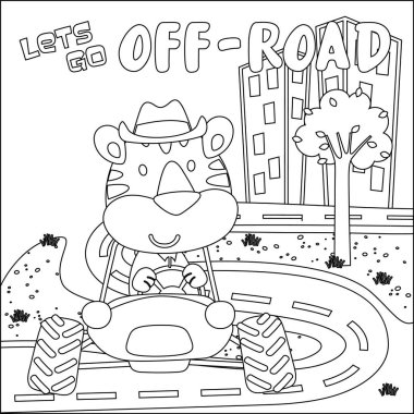 Tatlı kaplan çizgi filmi güneşli bir günde araba sürerken eğleniyor. Çizgi film izole vektör çizimi, çocuk aktivite kitabı veya sayfa boyama için yaratıcı vektör tasarımı.