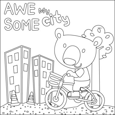 Cute little bear riding bicycle. Trendy children graphic with line art design hand drawing sketch vector illustration for adult and kids coloring book.