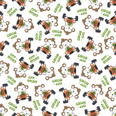 Seamless pattern vector of off road car with animal driver. Creative vector childish background for fabric textile, nursery background, baby clothes, poster, wrapping paper and other decoration.