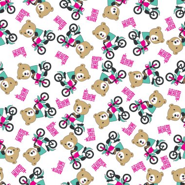 Seamless pattern texture with Cute little bear Riding motorcycle, Cartoon Vector Icon Illustration. For fabric textile, nursery, baby clothes, background, textile, wrapping paper and other decoration.