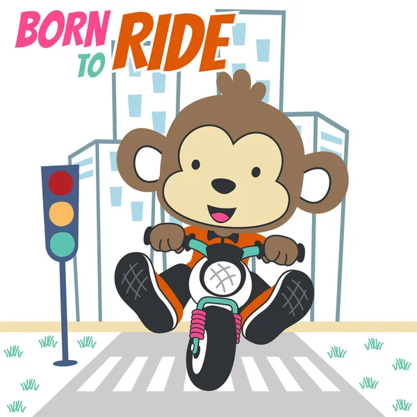 Küçük şirin maymun motosikletinin vektör çizimi. Kumaş, tekstil, bebek odası duvar kâğıdı, poster, kart, broşür için yaratıcı çocuksu bir geçmiş. ve diğer dekorasyon.