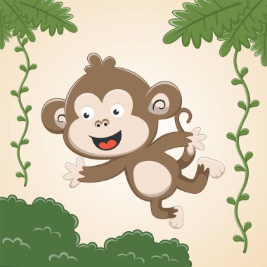 Maymun dallara ve sarmaşıklara atlar. Neşeli maymun. Ormandaki hayvanlar. Neşeli maymun. Vektör illüstrasyonu