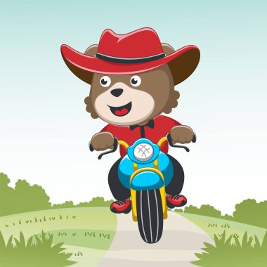 Oyuncak ayının motosiklet sürüşünün vektör çizimi, Vector illüstrasyonu. Çocuklar için T-Shirt Tasarımı. Çocuklar için tasarım ögeleri.