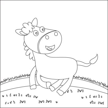 Beyaz arkaplanda izole edilmiş düz çizgi film atın vektör illüstrasyonu, komik vektör illüstrasyonu, Çizgi Sanat Tasarımı El Çizimi Çizim Vektörü illüstrasyonlu trend çocuk grafiği