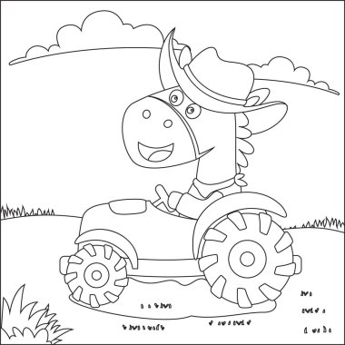 Traktör kullanan çiftçi at. Vector Illustrasyon. Çiftlik eviyle şirin ve eğlenceli bir çiftlik sahnesi. Çizgi film izole vektör çizimi, çocuk aktivite kitabı boyama için yaratıcı vektör tasarımı.