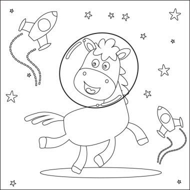 Vector illustration of cute horse Astronaut Floating In Space. Cartoon isolated vector illustration, Creative vector Childish design for kids activity colouring book or page.