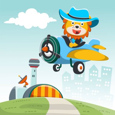 Uçakta uçan sevimli bir hayvan. Kumaş tekstil, çocuk odası duvar kâğıdı, kart, poster ve diğer dekorasyonlar için çocuksu bir geçmiş. Vektör illüstrasyonu.