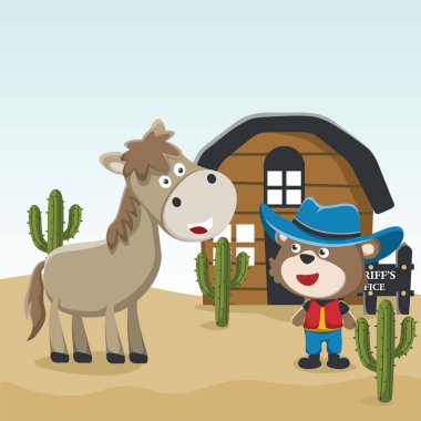 Çöldeki mutlu kovboy ve kahverengi atın vektör çizimi, çocuklar için tişört tasarımı. Duvar kağıdı, poster ve diğer dekorasyonlar için yaratıcı vektör çocuksu arkaplan.