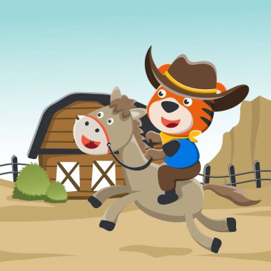 Çöldeki mutlu kovboy ve kahverengi atın vektör çizimi, çocuklar için tişört tasarımı. Duvar kağıdı, poster ve diğer dekorasyonlar için yaratıcı vektör çocuksu arkaplan.