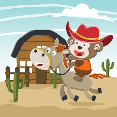 Çöldeki mutlu kovboy ve kahverengi atın vektör çizimi, çocuklar için tişört tasarımı. Duvar kağıdı, poster ve diğer dekorasyonlar için yaratıcı vektör çocuksu arkaplan.