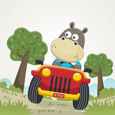 Mavi araba kullanan şirin hipopotamların vektör çizimi, Vector illüstrasyonu. Çocuklar için T-Shirt Tasarımı. Çocuklar için tasarım ögeleri.