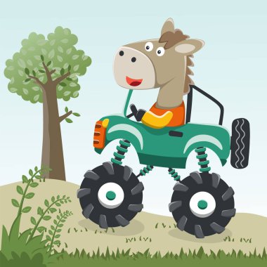 Canavar arabası süren şirin küçük at orman komik hayvan çizgi filmine gidiyor, vektör çizimi. Vektör çizimi. Çocuklar için T-Shirt Tasarımı. Çocuklar için tasarım ögeleri.