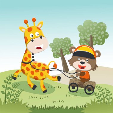 Çizgi film vahşi hayvan konsepti, sevimli zürafa ve ormanda ayı. Kumaş, tekstil, bebek odası duvar kâğıdı, poster, kart, broşür için yaratıcı çocuksu bir geçmiş. ve diğer dekorasyon.