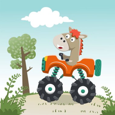 Canavar arabası süren şirin küçük at orman komik hayvan çizgi filmine gidiyor, vektör çizimi. Vektör çizimi. Çocuklar için T-Shirt Tasarımı. Çocuklar için tasarım ögeleri.