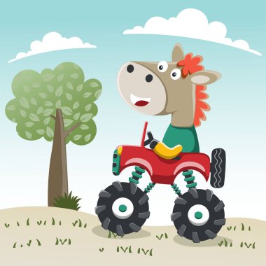 Canavar arabası süren şirin küçük at orman komik hayvan çizgi filmine gidiyor, vektör çizimi. Vektör çizimi. Çocuklar için T-Shirt Tasarımı. Çocuklar için tasarım ögeleri.