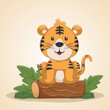 Beyaz arka planda bir ağacın üzerinde oturan bir kaplan tasviri, Vektör çizimi. Çocuklar için T-Shirt Tasarımı. Çocuklar için tasarım ögeleri.