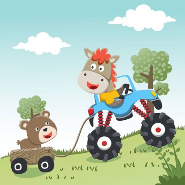 Cute little horse driving a monster car go to forest funny animal cartoon,vector illustration. Vector illustration. T-Shirt Design for children. Design elements for kids.