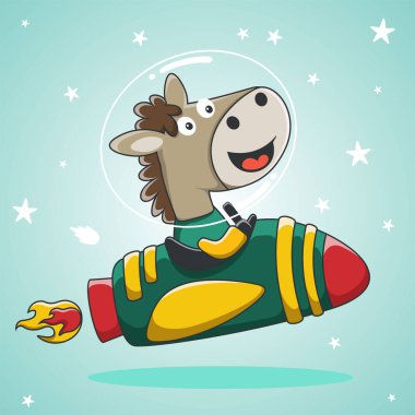 Şirin bir hayvan roketle aya uçar. Çocuklar için sevimli bir çizgi film karakteri. Karalama hayvanı. Uzay teması. Vektör illüstrasyonu.
