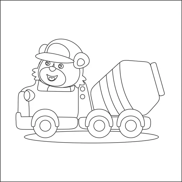 Construction Vehicles Coloring Book Page Cute Litle Animal Driver Cartoon — Stock Vector