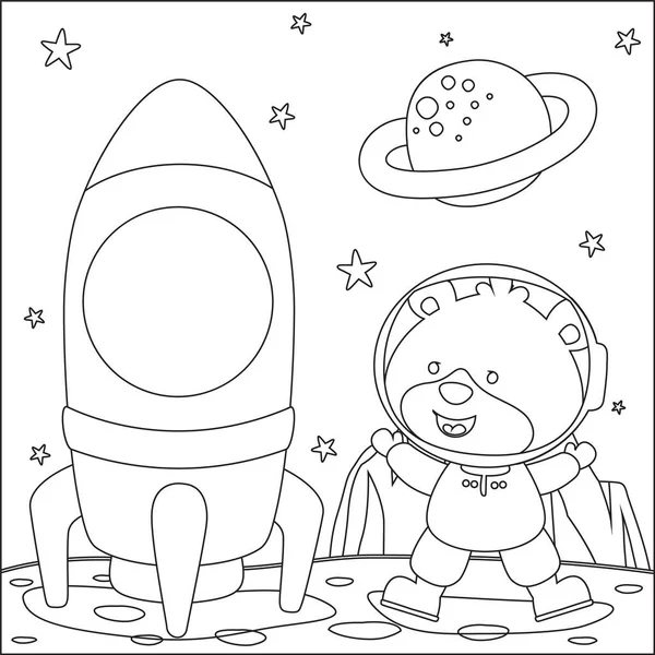 Cute Lion Astronaut Rocket Planet Vector Hand Drawn Coloring Children — Stock Vector