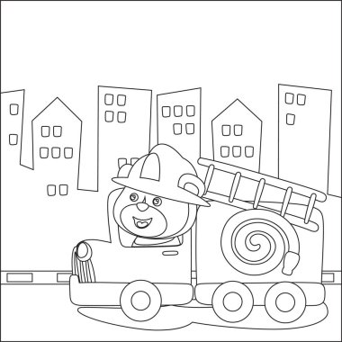 boyama kitabı veya itfaiye arabasının sayfası, komik sürücülü karikatür, karikatür izole vektör çizimi, çocuk aktivite kitabı veya sayfa boyama için yaratıcı vektör tasarımı.