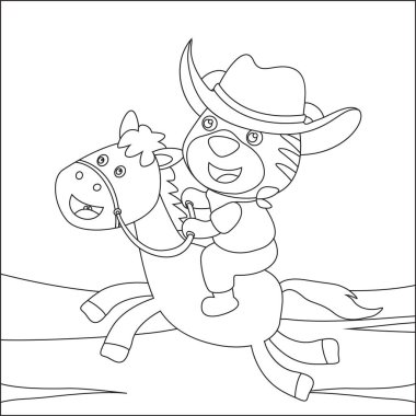 Küçük Kovboy 'un ata binerken ki görüntüsü. Çizgi film izole vektör çizimi, çocuk aktivite kitabı veya sayfa boyama için yaratıcı vektör tasarımı.