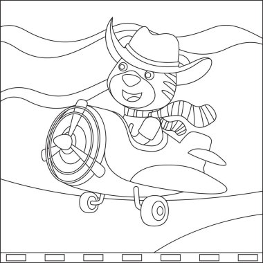 Uçakta uçan şirin bir hayvan pilotunun vektör çizimi. Çocuk aktivite kitabı ya da sayfa boyama için yaratıcı vektör tasarımı.