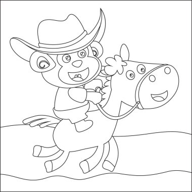 Küçük Kovboy 'un ata binerken ki görüntüsü. Çizgi film izole vektör çizimi, çocuk aktivite kitabı veya sayfa boyama için yaratıcı vektör tasarımı.