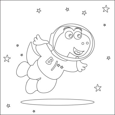 Uzaydaki komik dino astronot. Dinozor uzayda. Vektör elle çizilmiş çocuk çizimi. Çocuk aktivite kitabı ya da sayfa boyama için yaratıcı vektör tasarımı.