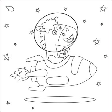 Şirin Hayvan Astronot Sürücü Roketinin vektör çizimi. Çizgi film izole vektör çizimi, çocuk aktivite kitabı veya sayfa boyama için yaratıcı vektör tasarımı.