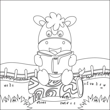 Ağaç gövdesine oturup kitap okuyan komik bir hayvan tasviri. Çocuk aktivite kitabı ya da sayfa boyama için yaratıcı vektör tasarımı.