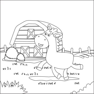 Beyaz arka planda izole edilmiş düz çizgi film atın vektör illüstrasyonu, komik vektör illüstrasyonu, Çizgi Sanat Tasarımı El Çizimi Çizimi Çizim Vektörü İllüstrasyonu ile trend çocuklar grafiği Yetişkin Bir İçin