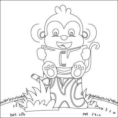 Ağaç gövdesine oturup kitap okuyan komik bir hayvan tasviri. Çocuk aktivite kitabı ya da sayfa boyama için yaratıcı vektör tasarımı.