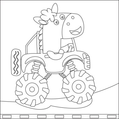 Cute little horse driving a monster car go to forest funny animal cartoon, Cartoon isolated vector illustration, Creative vector Childish design for kids activity colouring book or page.