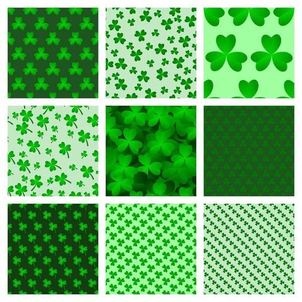 Green Clover Leaves Seamless Patterns Set Abstract Geometric Backgrounds Seamless — Stock Vector