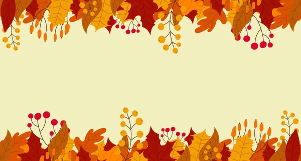 秋に葉や果実が付いている背景 オレンジと赤の葉でこんにちは秋のシームレスなバナー ベクターイラスト — ストックベクタ