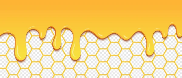 Geel Patroon Met Honingraat Honingdruppels Druppelende Honing Naadloos Patroon Gouden — Stockvector
