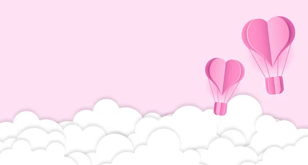 Χαρτί Κοπεί Καρδιά Αερόστατο Θερμού Αέρα Και Λευκά Σύννεφα Origami — Διανυσματικό Αρχείο