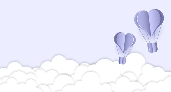 Papiergeschnittene Herz Heißluftballons Und Weiße Wolken Origami Machte Heißluftballon Und — Stockvektor