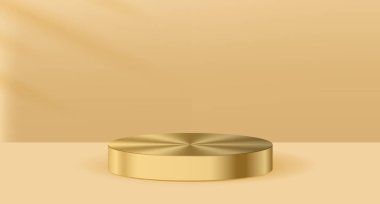 Ürünleri yerleştirmek için altın podyum ya da vitrin. 3D tarzı altın kaplama podyum. Yuvarlak altın podyum. Vektör illüstrasyonu