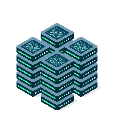 Isometric set server equipment. Computer storage or farming workstation. Datacenter storage room objects. Blockchain server concept. Vector illustration
