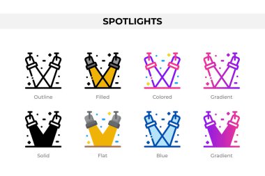Spotlights icons in different style. Spotlights icons set. Holiday symbol. Different style icons set. Vector illustration