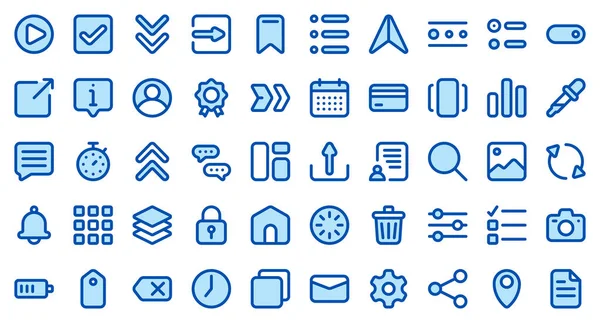 Conjunto Esencial Interfaz Usuario Básica Set Iconos Azules Símbolos Interfaz — Archivo Imágenes Vectoriales
