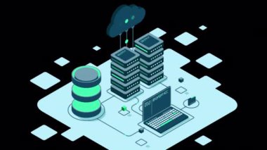 Bulut teknolojisi bilgisayar konsepti. Modern bulut teknolojisi. Veri merkezi izometrik konsepti. Veri merkezli Isometric bulut teknolojisi. Web sunucu konsepti. Alfa kanalı ile şeffaf arkaplan