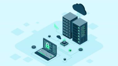 Siber veri güvenliği. İnternet güvenlik izometrik konsepti. Sunucu odası korunan merkez üzerinden dizüstü bilgisayara bağlandı. İnternet dijital teknolojisi hesaplanıyor. 4K kusursuz döngü canlandırması