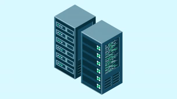データセンターサーバーボックス ホスティングサーバーまたはデータセンタールームのコンセプト アイソメトリックハードウェアサーバーケースキャビネット 4Kシームレスループアニメーション — ストック動画
