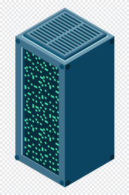Isometric sunucusu. Ağ sunucu odası. Üç boyutlu bilgisayar ekipmanı. Depo veritabanı. Isometric teknolojisi. Vektör illüstrasyonu